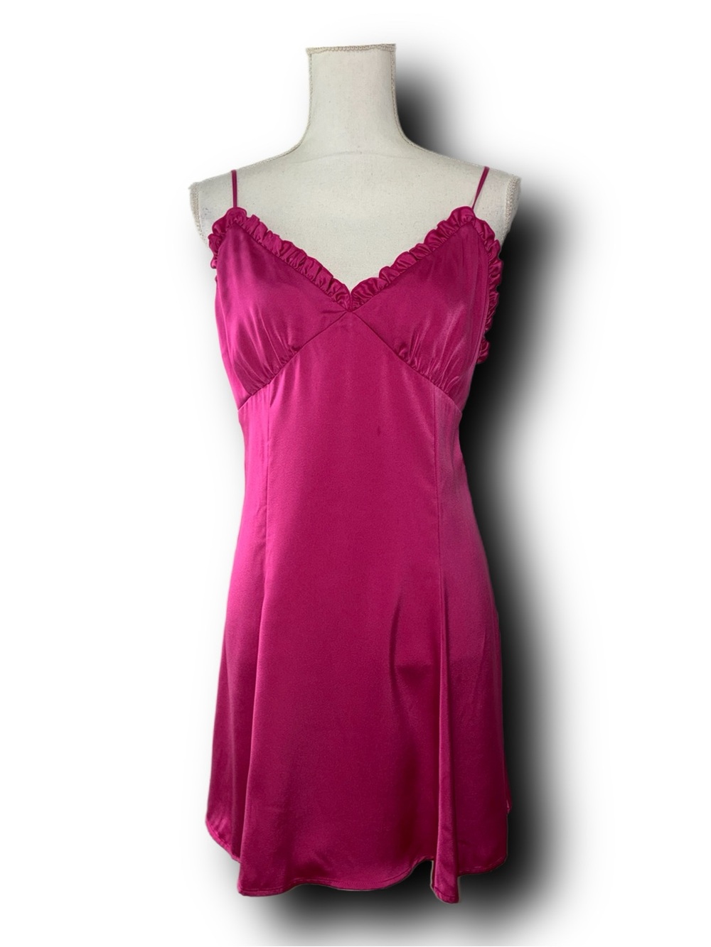 H&M Fuchsia Satin Ruffle-Trim Y2K Style Slip Dress Barbiecore Girlhoodcore